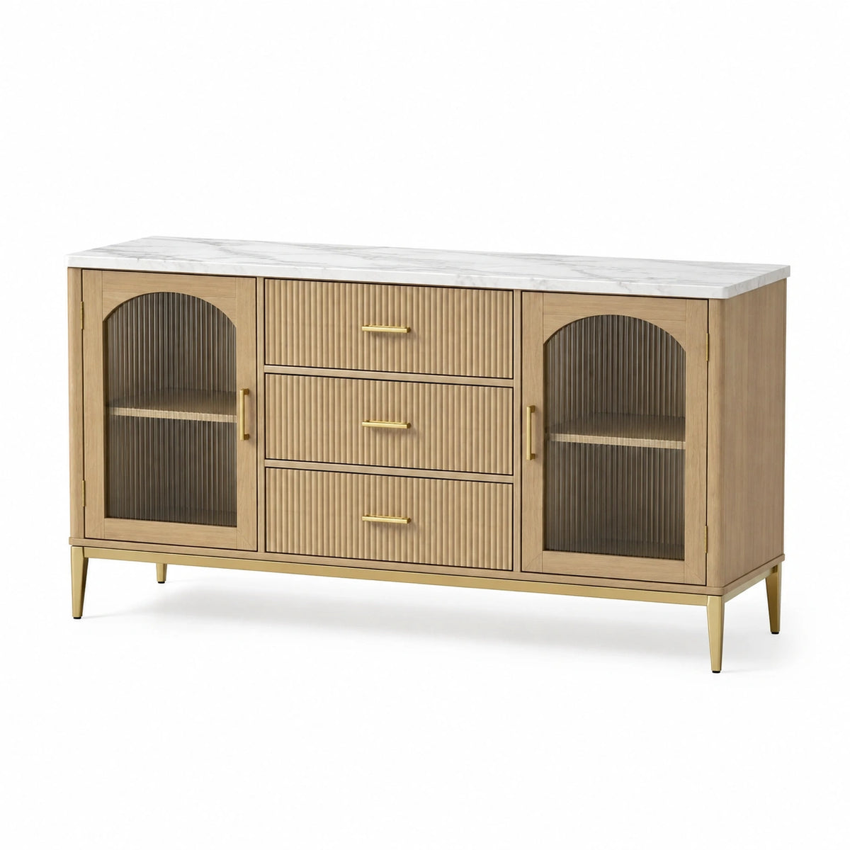 Buffet 160 x 40 x 85 cm en bois naturel plateau effet marbre style Art déco