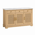 Buffet 150 x 45 x 90 cm en bois clair avec cannage et plateau effet marbre