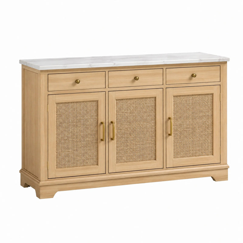 Buffet 150 x 45 x 90 cm en bois clair avec cannage et plateau effet marbre