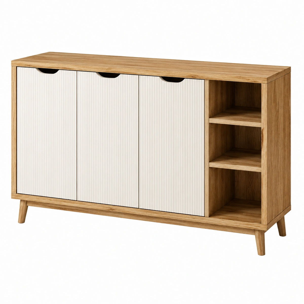 Buffet 140 cm bois brun et blanc à 3 portes avec étagères style scandinave