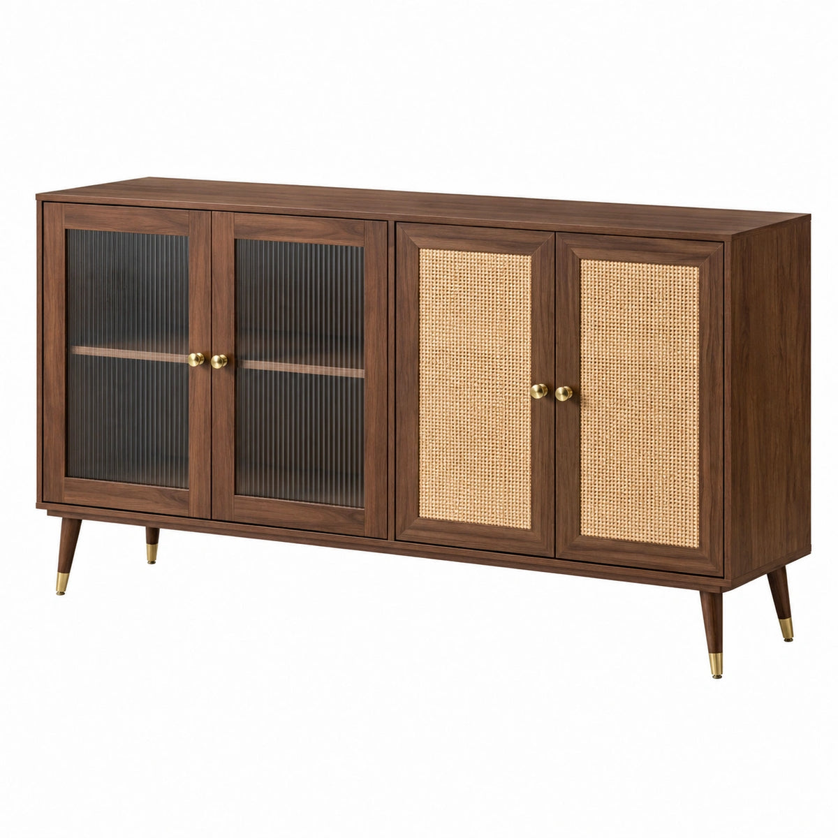 Buffet 180 x 40 x 85 cm en bois brun avec cannage et verre strié style rétro