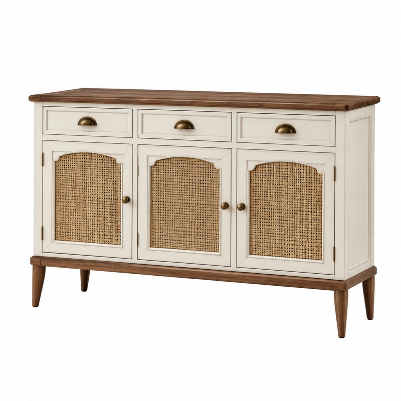 Buffet 150 x 45 x 90 cm en bois crème et noyer avec cannage - rangement style campagne