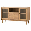 Buffet 160 cm en bois chêne clair avec verre strié et rangement style rétro