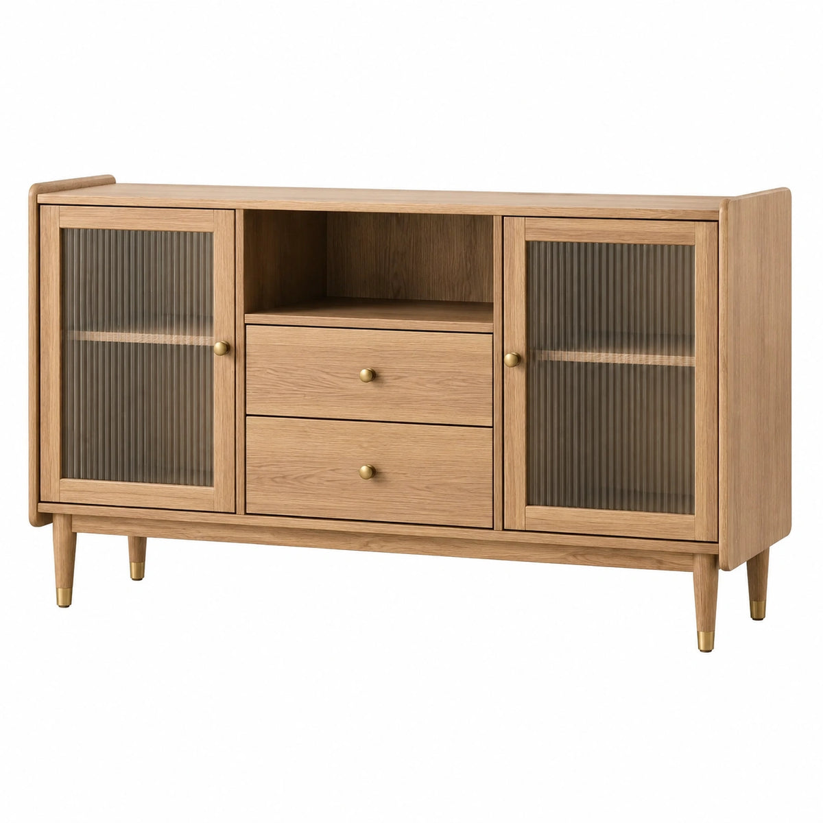 Buffet 160 cm en bois chêne clair avec verre strié et rangement style rétro