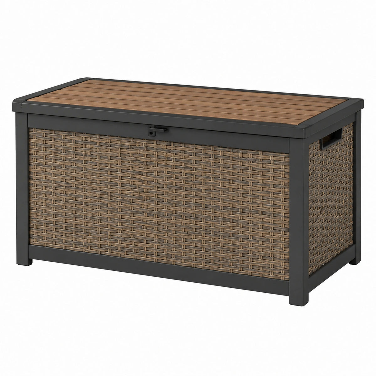 Coffre de rangement extérieur 120 x 60 x 63 cm en métal et résine tressée marron noir avec plateau aspect bois