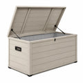 Coffre de rangement extérieur 130 x 64 x 60 cm en résine gris bois avec couvercle assisté