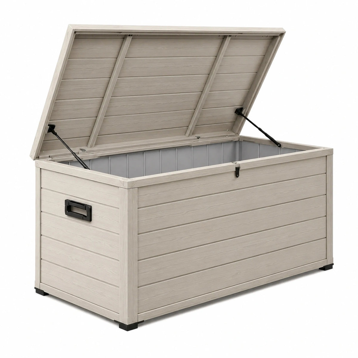Coffre de rangement extérieur 130 x 64 x 60 cm en résine gris bois avec couvercle assisté
