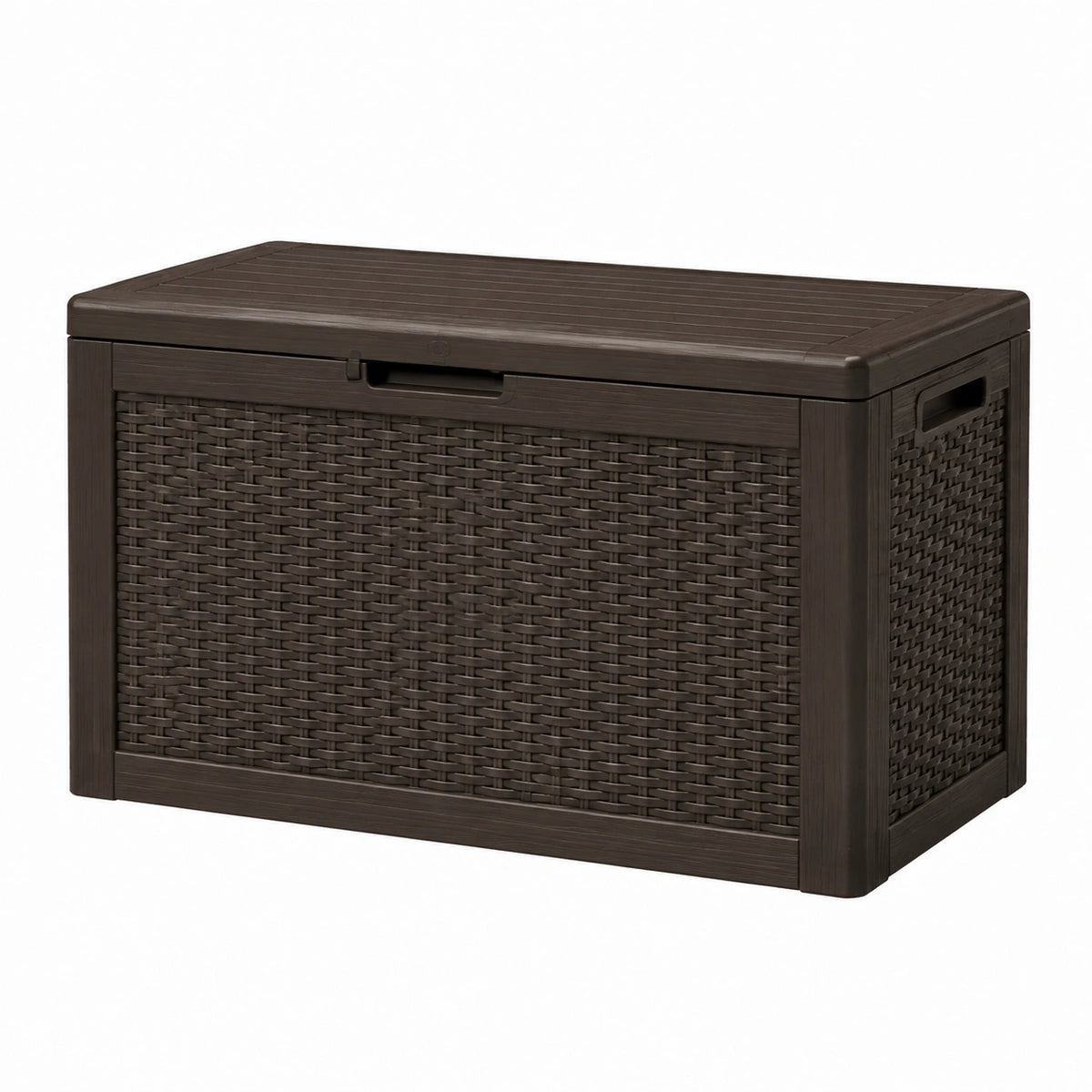 Coffre de rangement extérieur 120 x 56 x 63 cm en résine marron tressé à couvercle