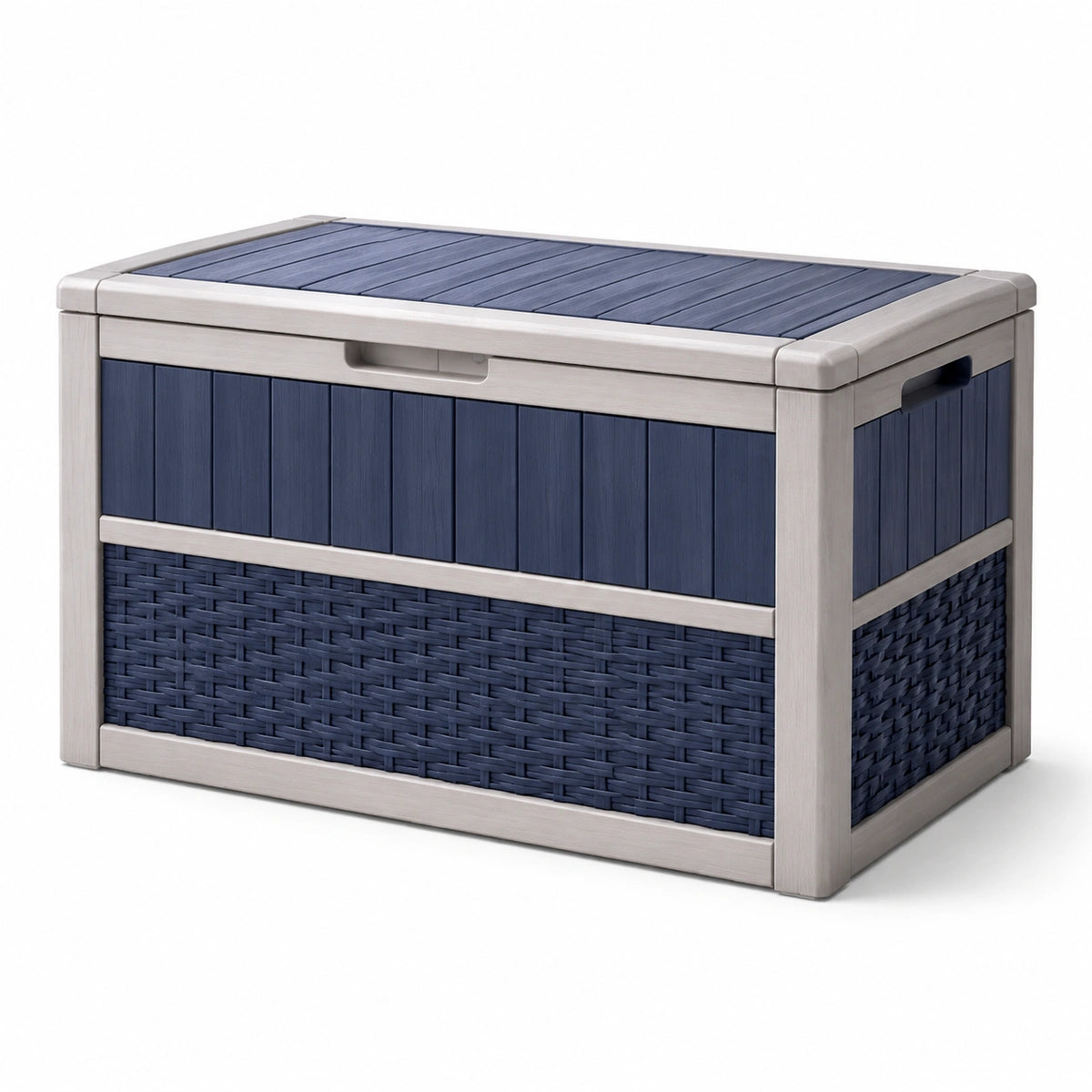 Coffre de rangement extérieur 120 x 60 x 60 cm en résine bleu marine et gris - couvercle