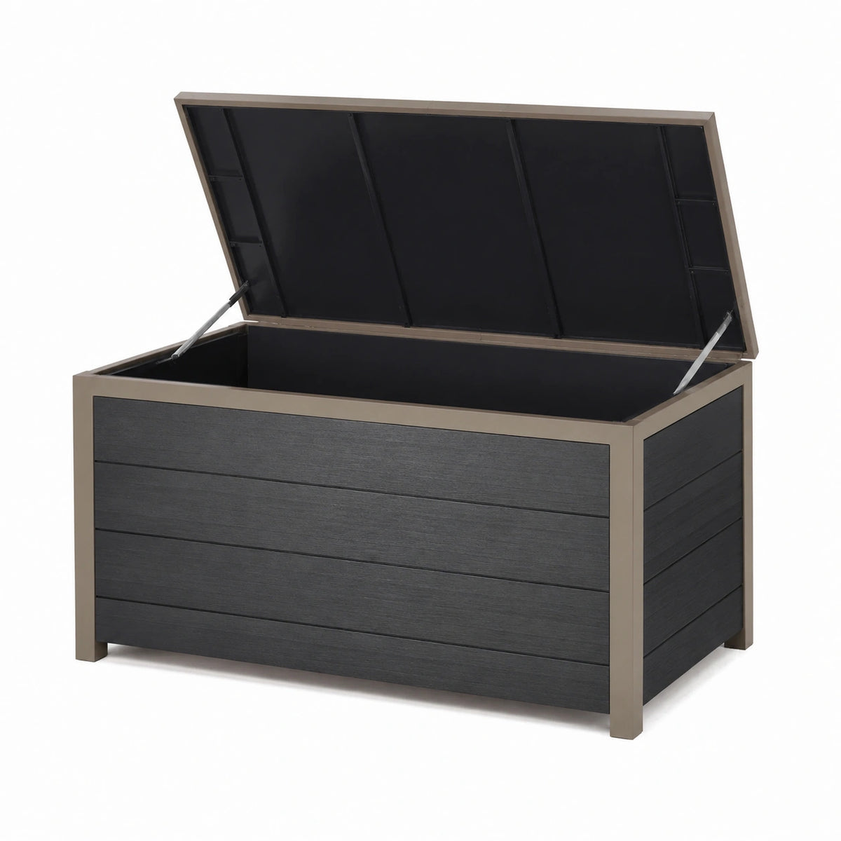 Coffre de rangement extérieur 130 x 65 x 63 cm aluminium et composite gris taupe anthracite - couvercle à vérins