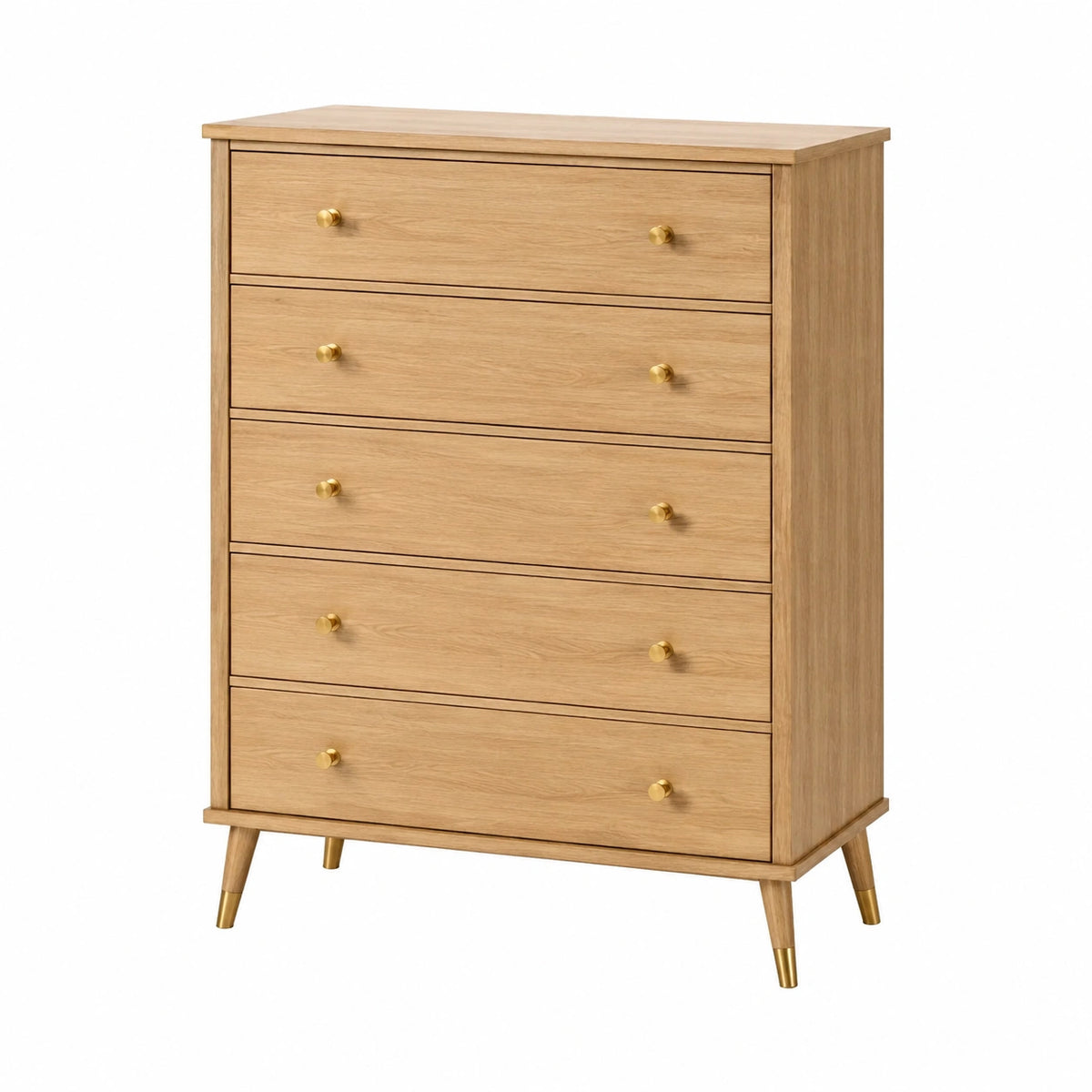 Commode 90 x 45 x 120 cm en bois chêne clair à 5 tiroirs style rétro