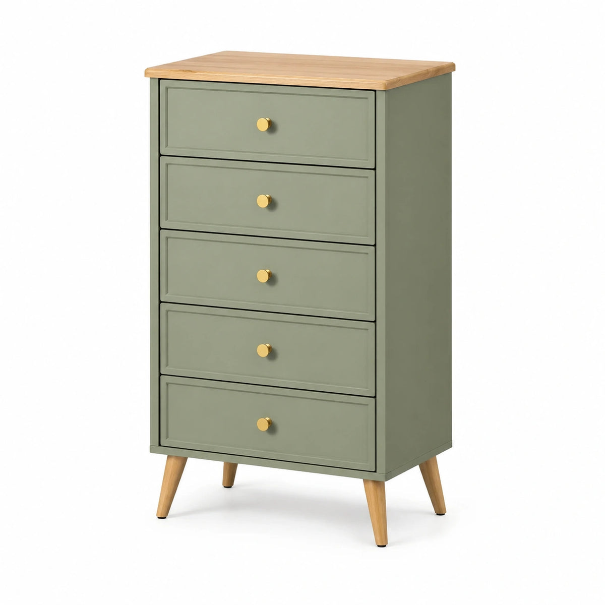Commode 80 x 40 x 120 cm vert sauge et bois à 5 tiroirs style scandinave