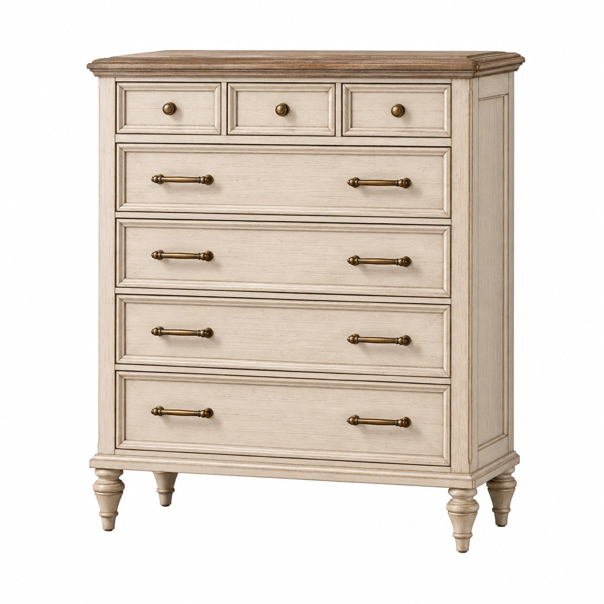 Commode 110 x 50 x 125 cm en bois blanc vieilli à 7 tiroirs style classique