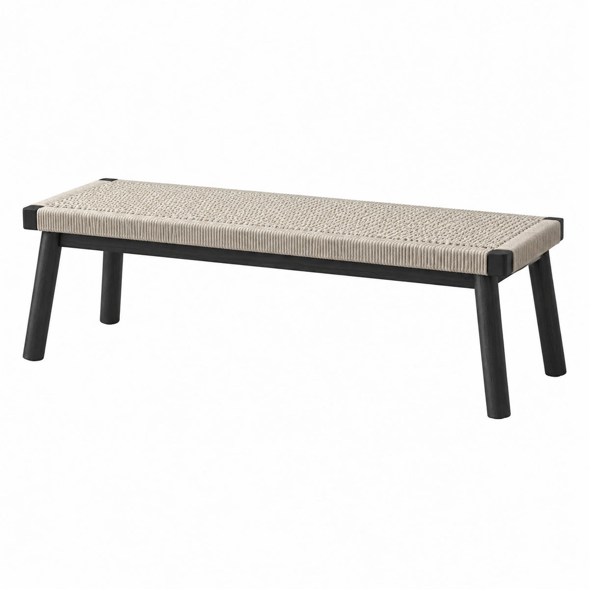 Banc 120 x 40 x 45 cm en bois noir et corde beige - Assise tressée style naturel